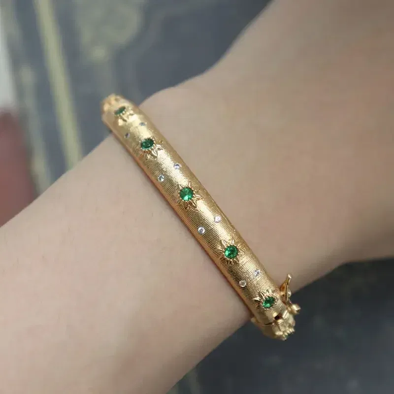 Gem Color: Blue - Classic Court style wire drawing bracelet for women light luxury elegant green crystal retro flower bangles wedding fine jewelry