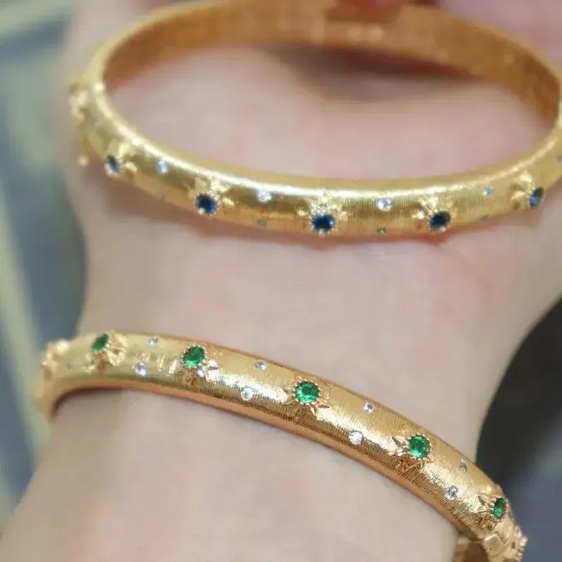 Gem Color: Blue - Classic Court style wire drawing bracelet for women light luxury elegant green crystal retro flower bangles wedding fine jewelry