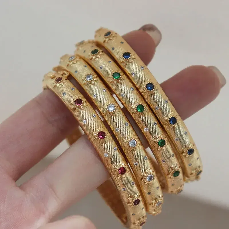 Gem Color: Blue - Classic Court style wire drawing bracelet for women light luxury elegant green crystal retro flower bangles wedding fine jewelry
