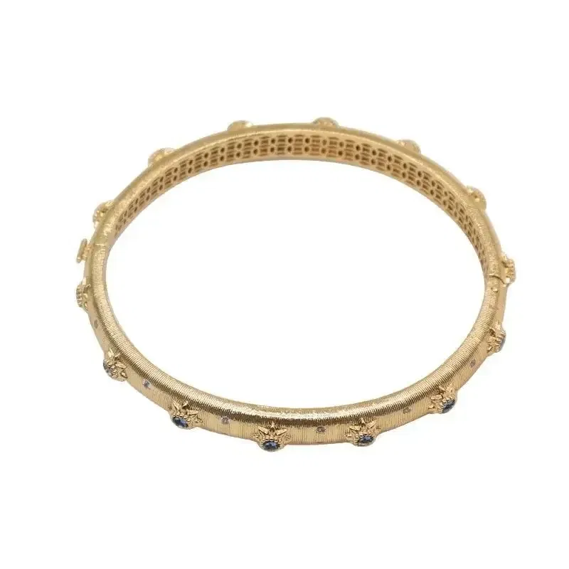 Gem Color: Blue - Classic Court style wire drawing bracelet for women light luxury elegant green crystal retro flower bangles wedding fine jewelry