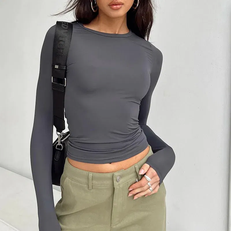 Color: GRAY, Size: L - Women Casual Long Sleeve T-Shirts Spring Autumn Solid Slim Fit Pullovers Tees Shirts Female Streetwear Base Tees Tops