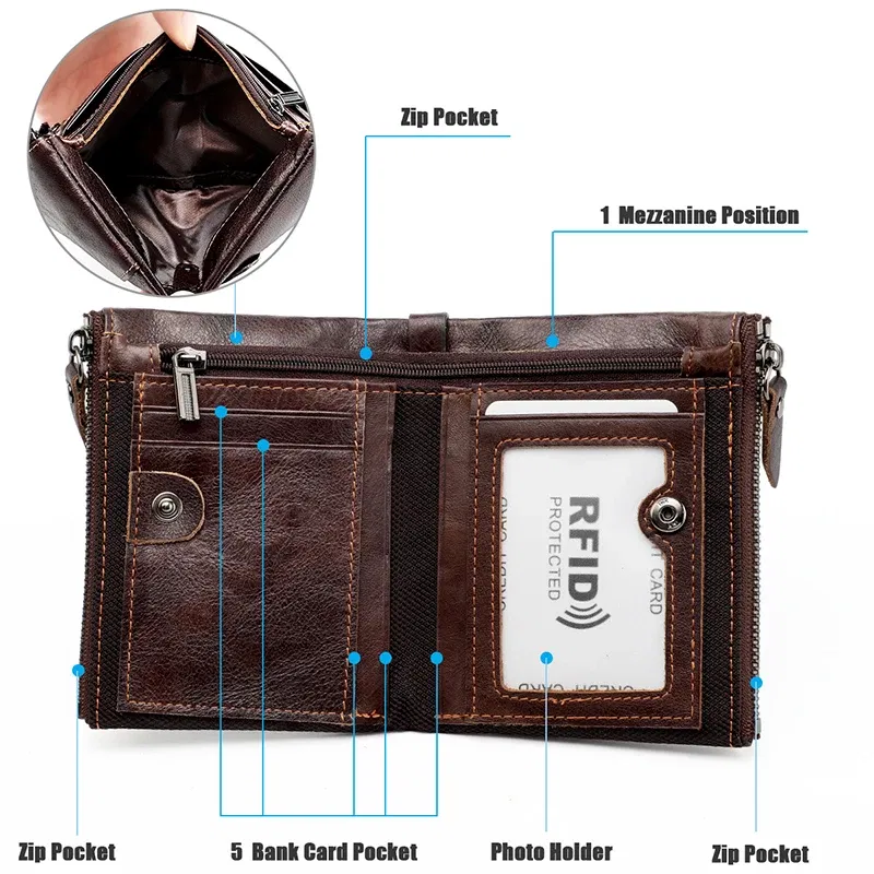 Color: GRAY - Genuine Leather Short Men RFID Wallets Name Engraving Leather Card Holder Brand Men Purse Retro Coin Pocket Zipper Male Wallet