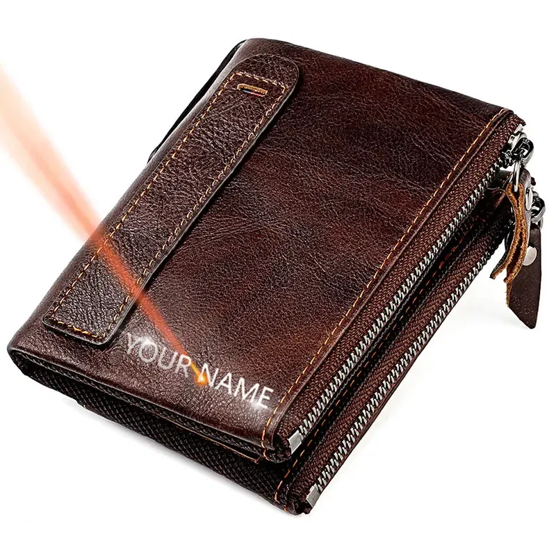 Color: GRAY - Genuine Leather Short Men RFID Wallets Name Engraving Leather Card Holder Brand Men Purse Retro Coin Pocket Zipper Male Wallet