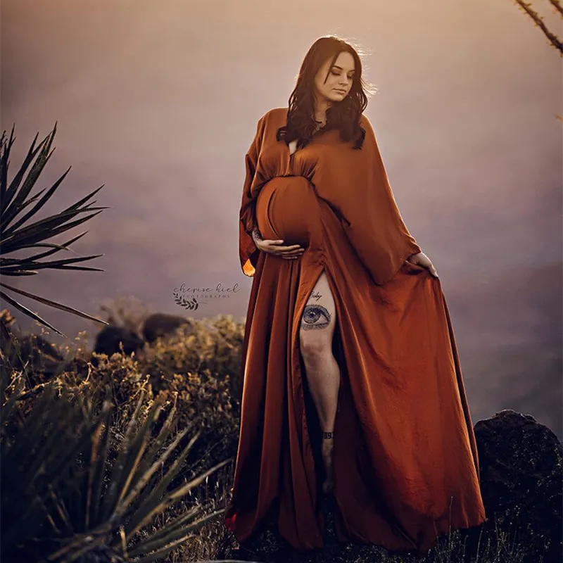 Color: Chocolate - Boho Maternity Photography Props V Neck Dresses Free Size Adjustable Soft Pregnancy Photo Shoot Sides Slit For Baby Shower