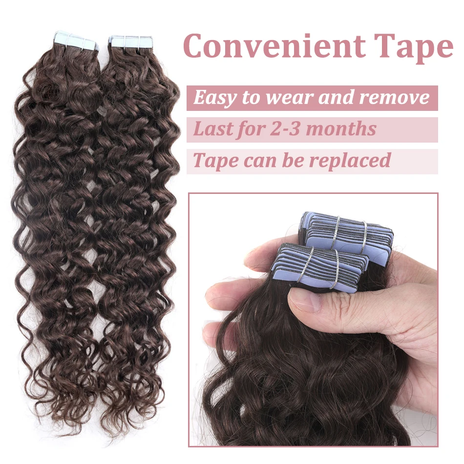 Color: #4, Length: 16 inches, Items per Package: 40 pcs - Water Wave Tape in Human Hair Extensions 2g/pcs Dark Brown Real Human Hair Adhesive Invisible Keratin Hair Extensions for Women