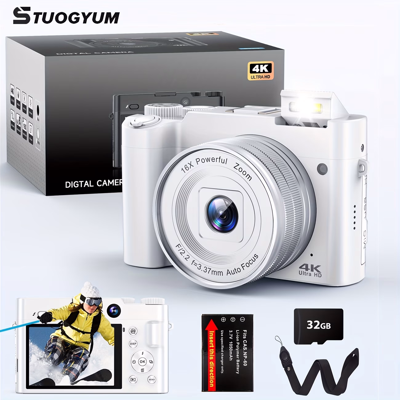 STUOGYUM® 64MP 4K Digital Camera – Front and Rear Dual Cameras, Autofocus, and 16X Digital Zoom