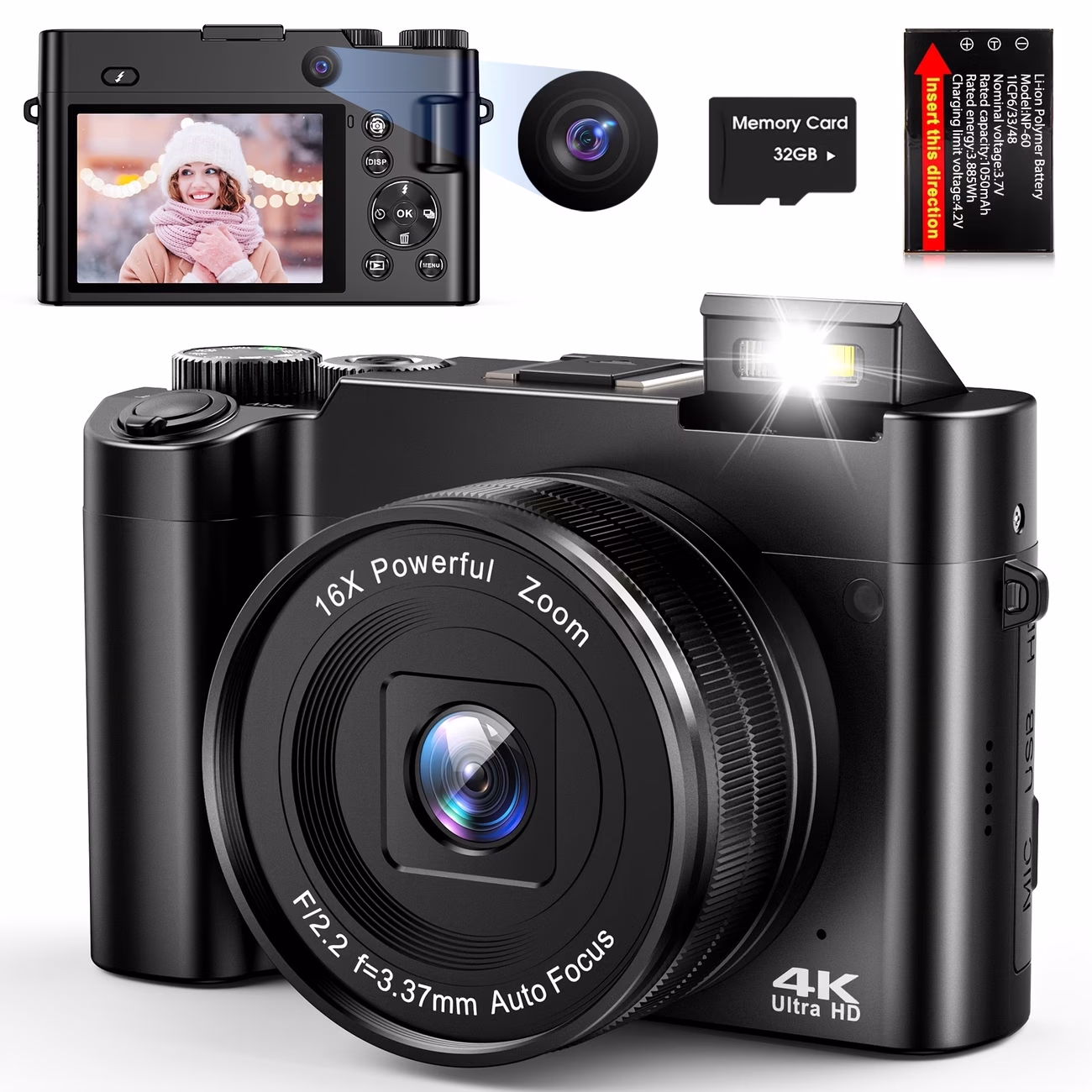 STUOGYUM® 64MP 4K Digital Camera – Front and Rear Dual Cameras, Autofocus, and 16X Digital Zoom