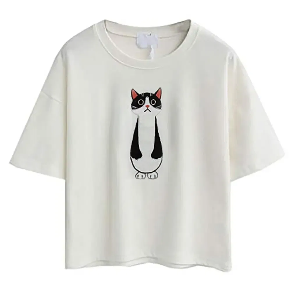 Color: black, Size: L, Ships From: CHINA - 2021 Summer Cotton Short Sleeved Crop Top T-shirt Femme Embroidered Cat T Shirts Cartoon Women Fashion Cactus Top Tee T Shirt