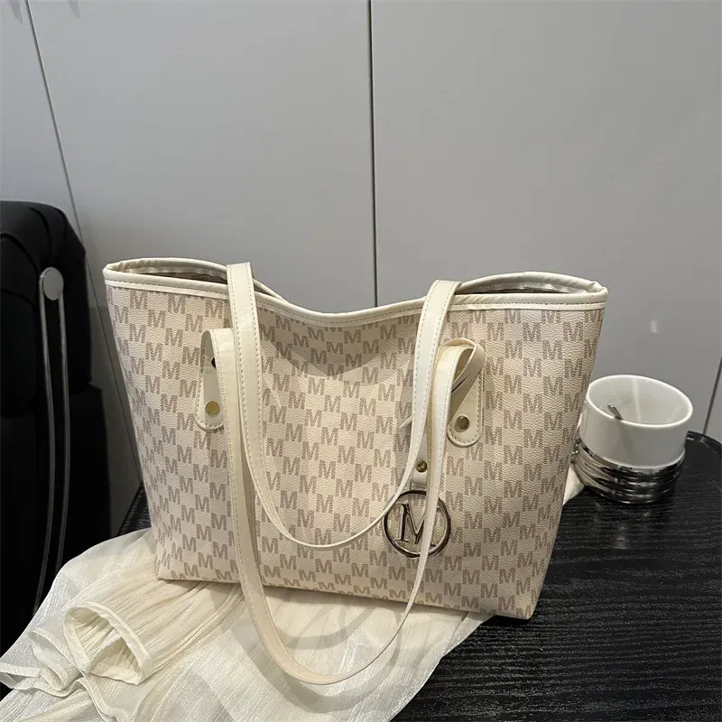Color: WHITE - 2025 New Large Capacity Women Bag M Check Pattern  Versatile Small Design Shoulder Tote Commuter Bag