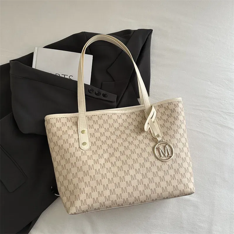 Color: WHITE - 2025 New Large Capacity Women Bag M Check Pattern  Versatile Small Design Shoulder Tote Commuter Bag