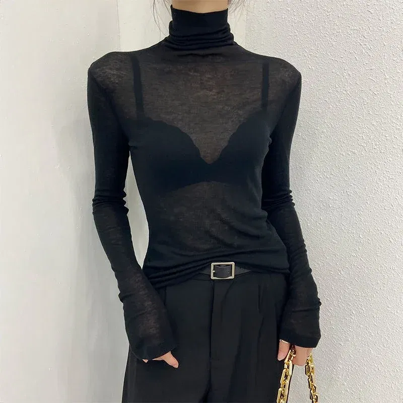 Color: WHITE, Size: XL - New Fashion Basic Turtleneck Long Sleeve Women T-shirt Autumn Winter Long Sleeve Slim Stretch Tops Ladies Sexy Tees Plus Size