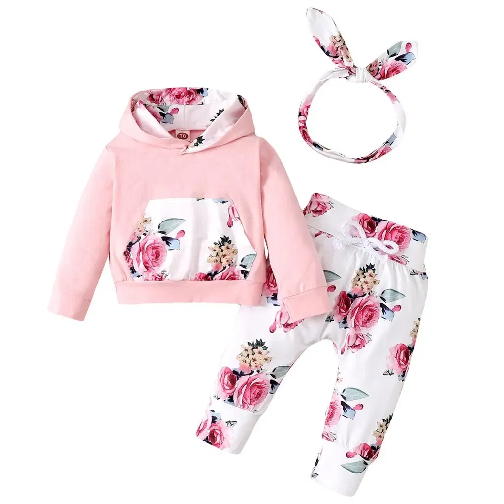 Color: Pink, Kid Size: 3M - 0-18 Months Toddler Baby Girl 3PCS Hooded Clothes Set Flowers Print Long Sleeve Top+Pant+Bowknot Headband Fashion Autumn Outfit