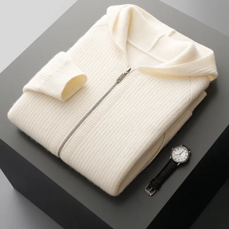 Color: Brown, Size: XXL, Ships From: CHINA - New Product 100% Merino Wool Knitted Cardigan For Men Hooded Sweater Casual High-end Jacket Men's long Sleeved Wool Sweater Coat