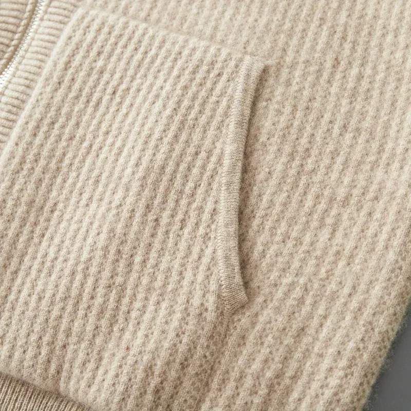 Color: Brown, Size: XXL, Ships From: CHINA - New Product 100% Merino Wool Knitted Cardigan For Men Hooded Sweater Casual High-end Jacket Men's long Sleeved Wool Sweater Coat