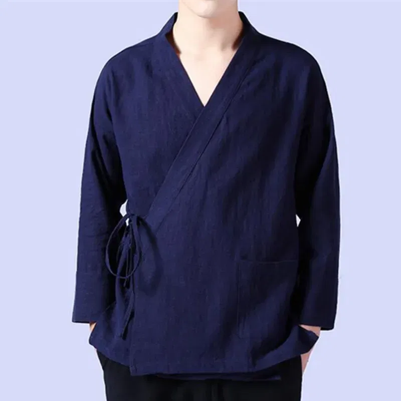 Color: Beige, Size: 4XL - Plus Size M-6XL Pure Color Men's Tops 2024 New Cotton Linen Oblique Placket Long Sleeve Linen Hanfu chinese Clothing  Kimono