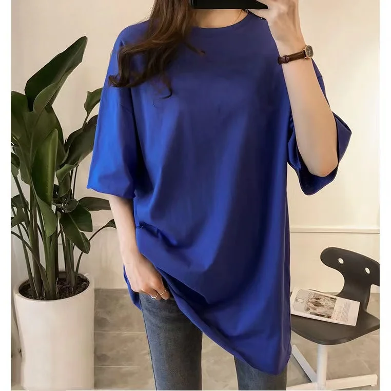 Color: Blue, Size: XL - Women's T solid color mid sleeved casual trend personality