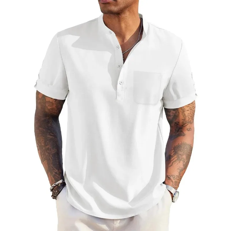 Color: SKY BLUE, Size: L - Summer Men's Cotton Linen T-Shirt Henley Neck Pocket Casual Lightweight Breathable Beach Shirt Solid Color Basic Style Tops