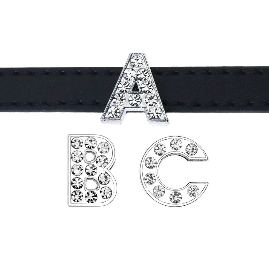 Color: GRAY - Rhinestone Slide Letter Charms For Jewelry Making Women Bracelet 8mm Alphabet A-Z Pet Collar Necklace DIY Accessories Gift