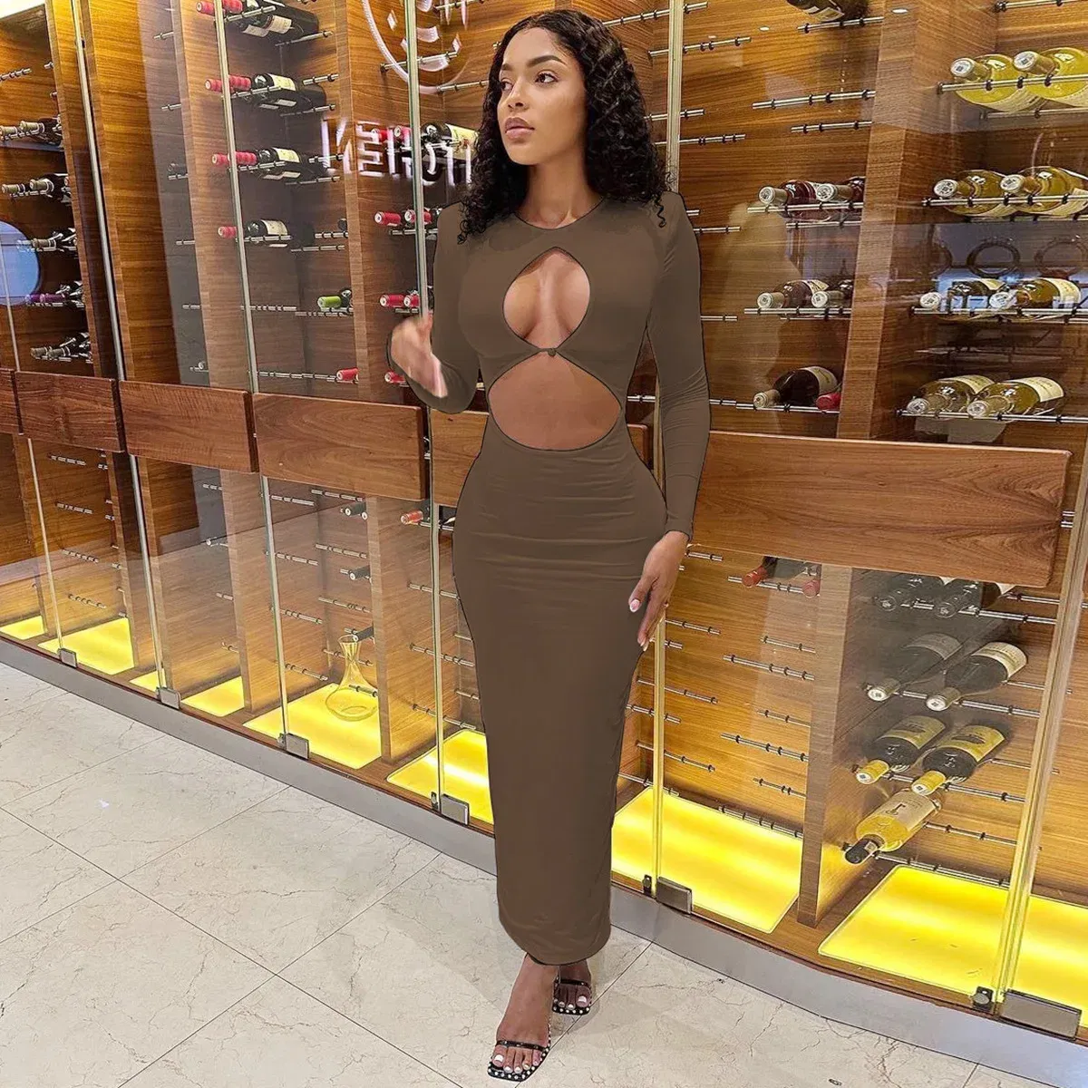 Color: Champagne, Size: S - Hollow Out Sexy Long Dress White Dress Female Clothing Slim Fit Pullover Long Sleeve O-neck Long Dresses Woman Summer