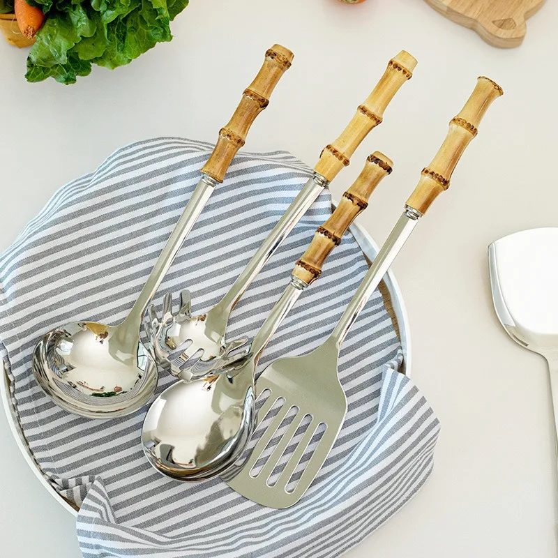 Color: Burgundy - Natural bamboo handle stainless steel frying shovel Japanese-style soup spoon Creative new colander shovel kitchen utensils set