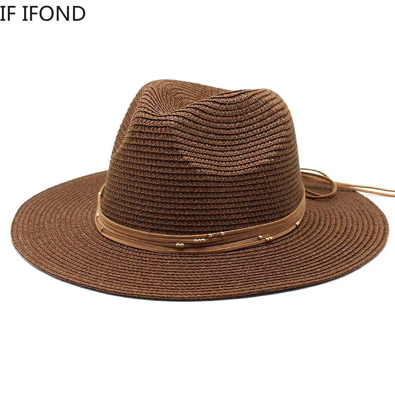 Color: black, Size: L - Big Size 60CM New Straw Hat 7cm Brim Summer Cooling Beach Sun Hat Outdoor Party Panama Jazz Hat Sombreros De Mujer