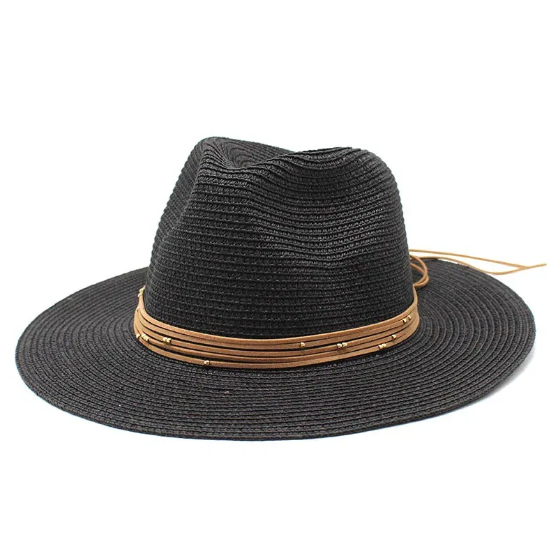 Color: black, Size: L - Big Size 60CM New Straw Hat 7cm Brim Summer Cooling Beach Sun Hat Outdoor Party Panama Jazz Hat Sombreros De Mujer