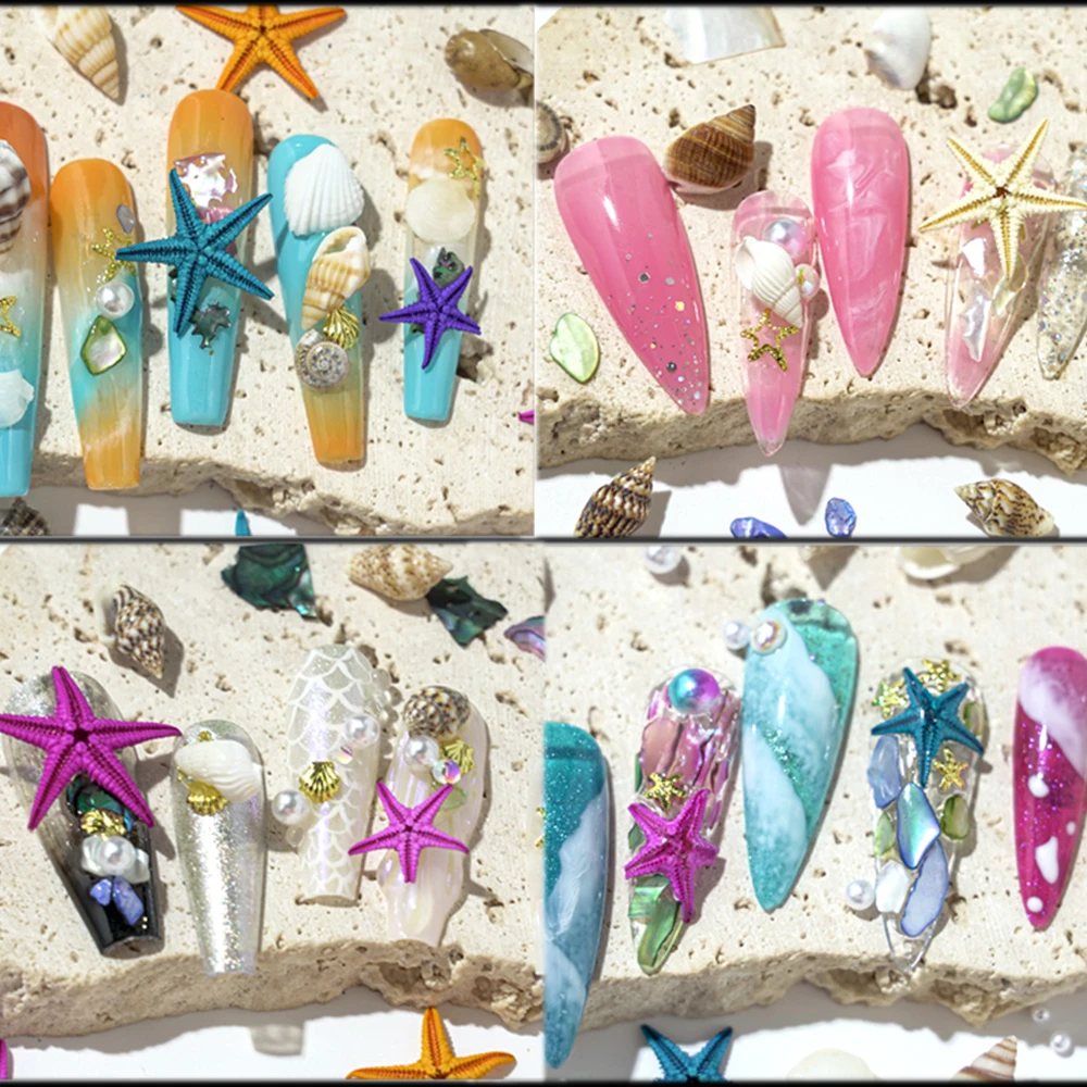 Color: Beige - 2Box Summer Nail Art Rhinestones Ocean Charms Shell Starfish Conch Nail Studs Jewelry Sea Series Designs DIY Manicure Decoration