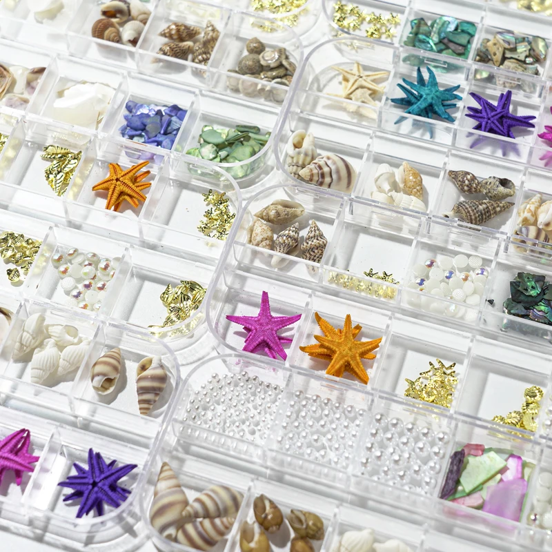 Color: Beige - 2Box Summer Nail Art Rhinestones Ocean Charms Shell Starfish Conch Nail Studs Jewelry Sea Series Designs DIY Manicure Decoration