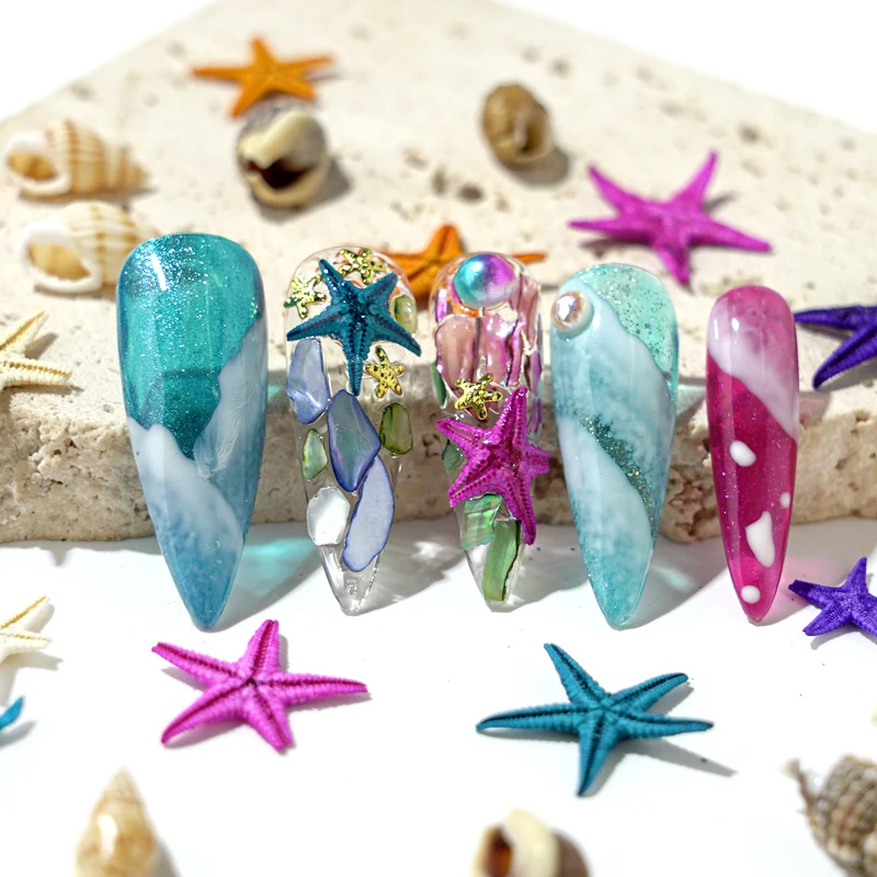 Color: Beige - 2Box Summer Nail Art Rhinestones Ocean Charms Shell Starfish Conch Nail Studs Jewelry Sea Series Designs DIY Manicure Decoration