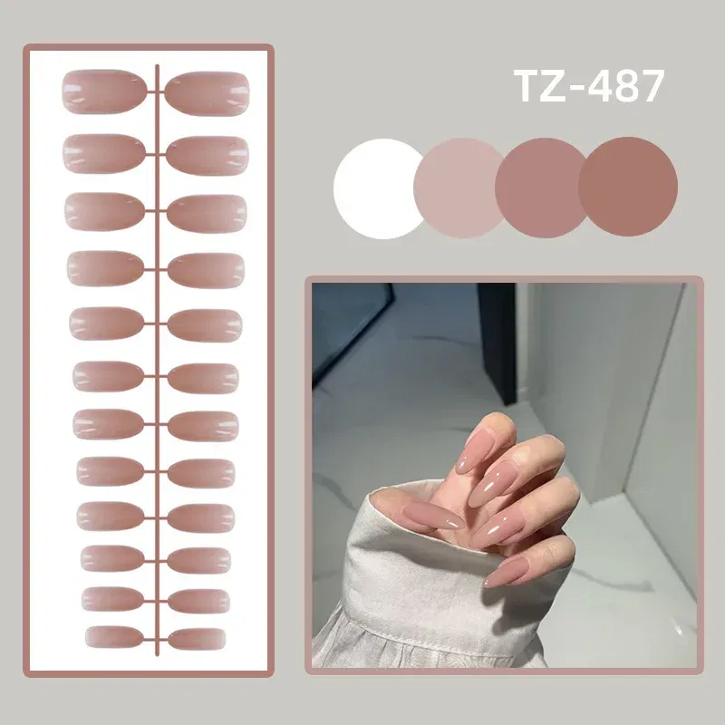 Color: Yellow Green - 24Pcs/Set Long Round Head Bright Solid Color Press On Acrylic Nail Art Fake Nails Finished Wearing Manicure Reusable False Nails