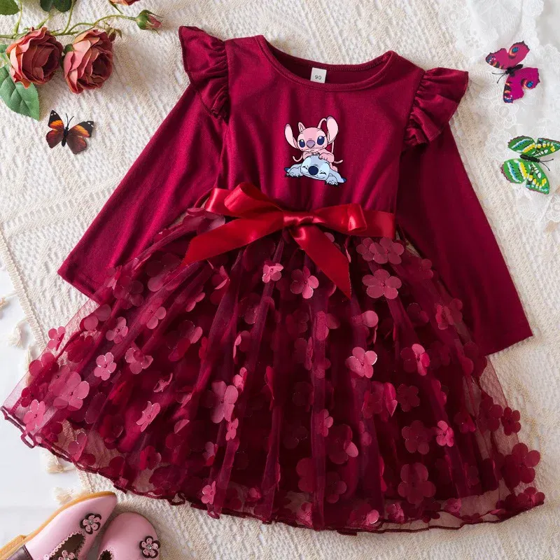 Color: Navy Blue, Size: One Size, Height: 164 - Lilo Stitch Girl Baby Dresses Spring Autumn Child Long Sleeve Sweet Princess Dress Mesh Newborn Casual Dress Birthday Party 2-6Y