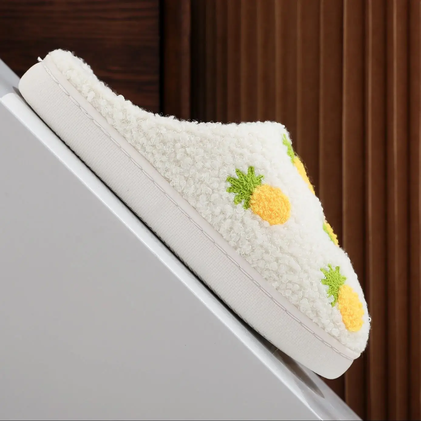 Color: WHITE, Shoe Size: 38 - Winter home household seven pineapple cotton slippers non-slip thickeneding small fresh cotton slippers