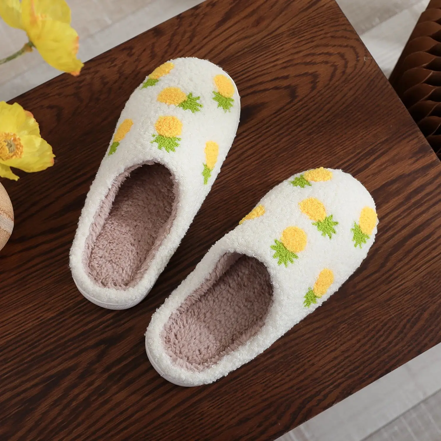 Color: WHITE, Shoe Size: 38 - Winter home household seven pineapple cotton slippers non-slip thickeneding small fresh cotton slippers