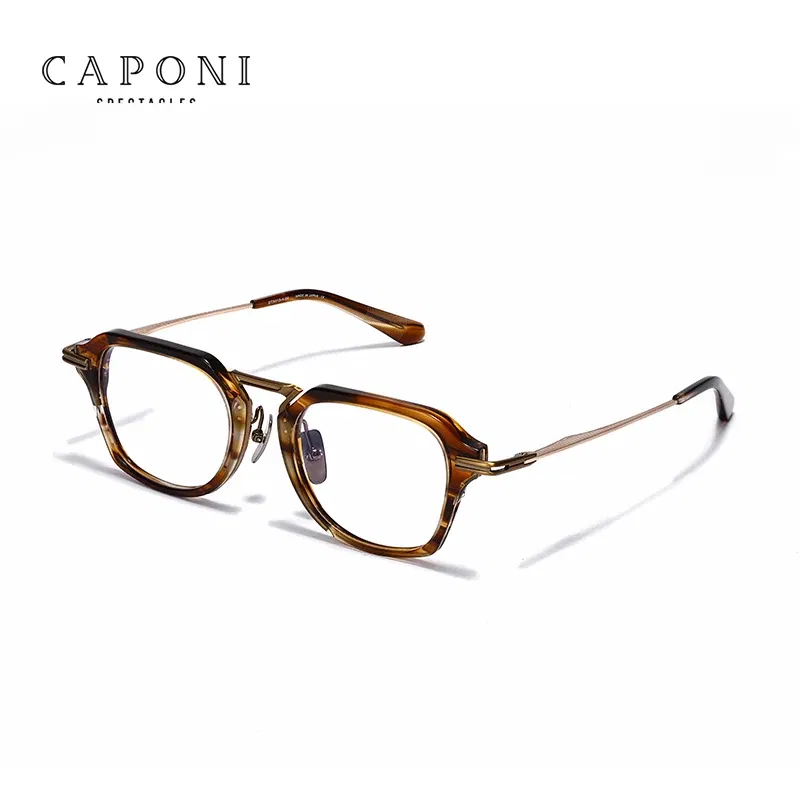 Frame Color: WHITE - CAPONI Fashion Gentlemen's Glasses Frame Pure Titanium Acetate Retro Anti Blue Light Eyeglasses German Designer Spectacles JF413