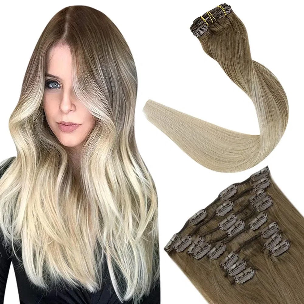 Color: P10/613, Length: 20 INCHES, Weight Per Package: 120g/Set - [16 Colors] Ugeat Clip in Hair Extensions Human Hair 14-22" Double Weft Remy Hair Full Head Clip in Extensions for Woman 7Pcs
