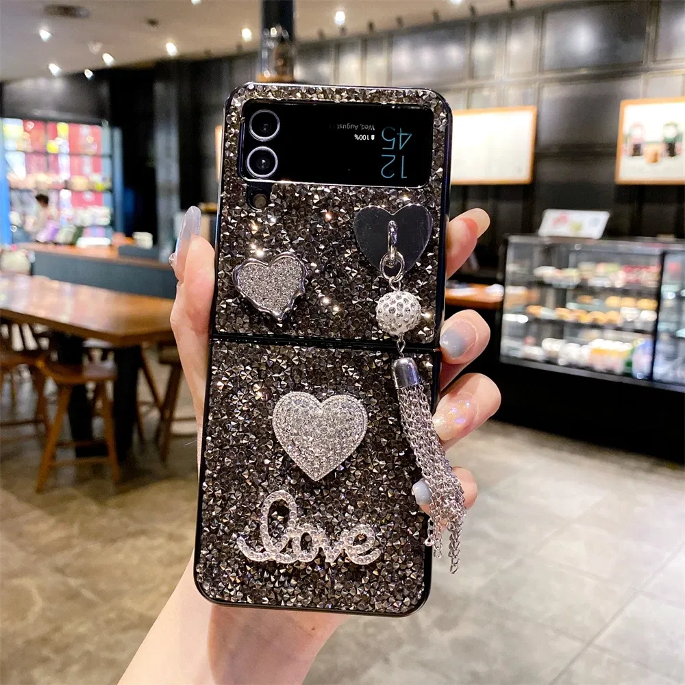 Color: Silver, Material: ABS - Luxury Heart Diamond Tassel Phone Case for Samsung Galaxy Z Flip5 Case Z Flip4 Cover Z Flip3 Capa Z Flip 5 4 3 Cover 5G