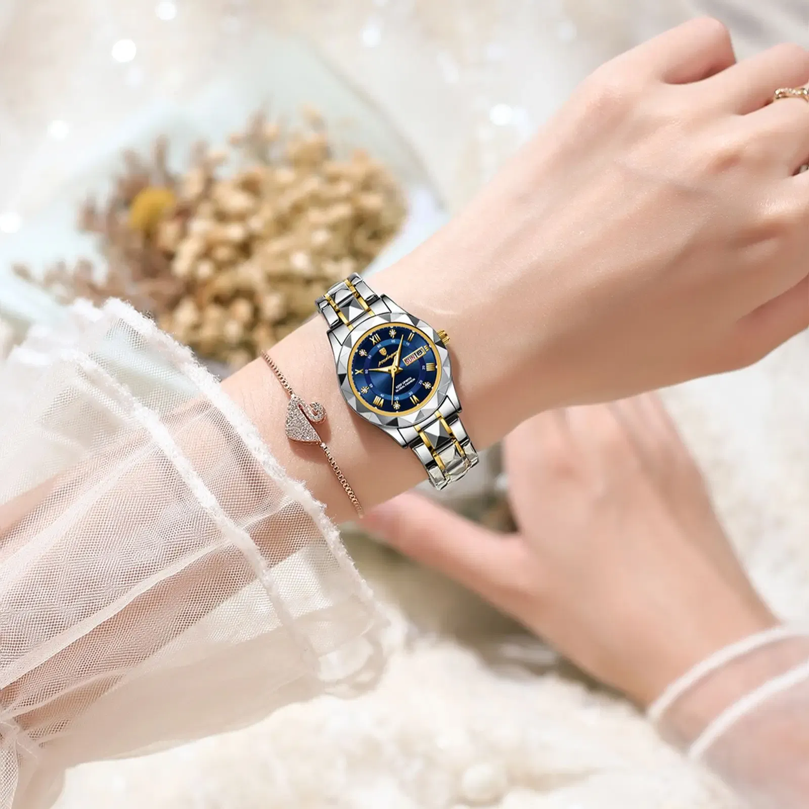 Color: Ivory - POEDAGAR Luxury Ladies Dress Watch Luminous Waterproof Week Date Woman Wristwatch Stainless Steel Women Quartz Watches reloj+box