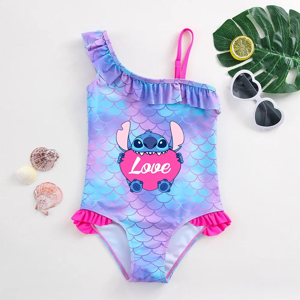 Color: DEEP BLUE, Size: L - Stitch Girls Swimsuit Fashion Mermaid Fish Scale One-Piece Bathing Suits Children's Dresses Summer Swimwear Beach Suit Kids Wear