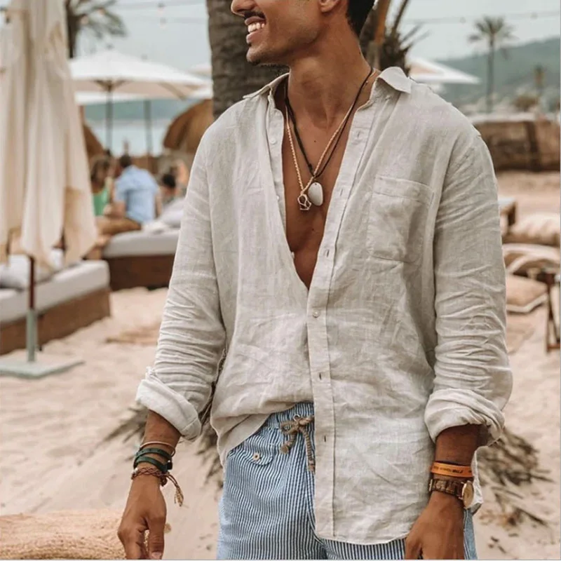 Color: green, Size: L, Sale by Pack: Pack of 1 - Men's new men's long sleeve buttoned cotton linen shirt lapel cardigan