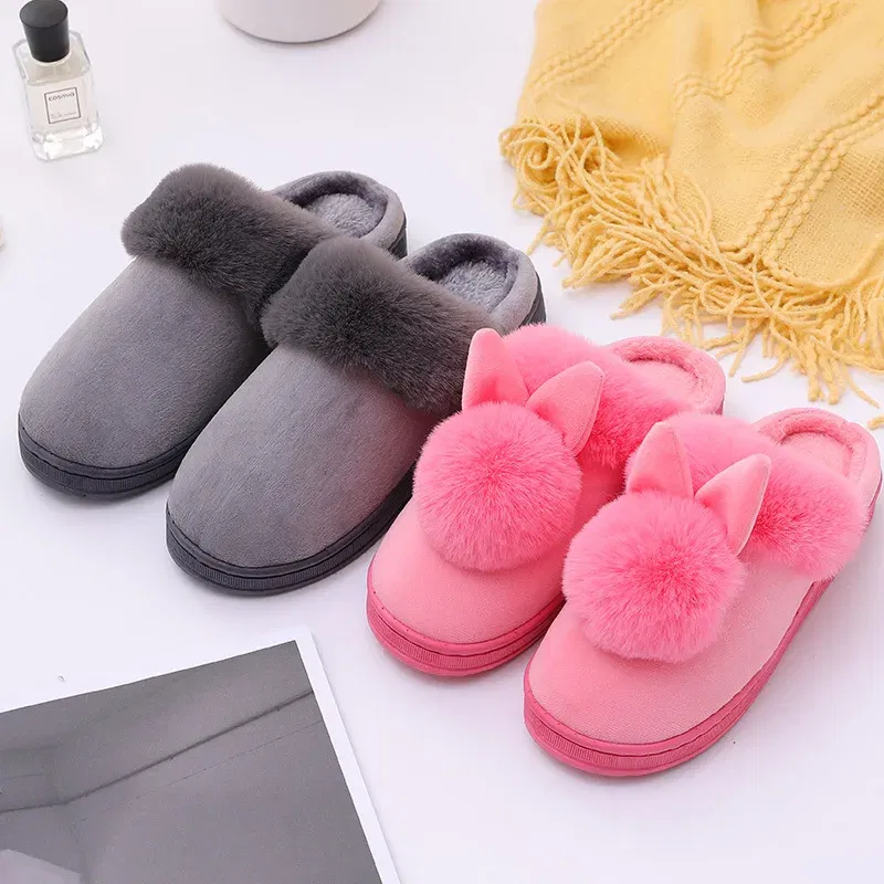 Color: Peacock Green, Shoe Size: 33.5 - 2023 Autumn Winter Women Men Cotton Slippers Rabbit Ear Home Indoor Home Slides Warm Shoes Women'S Cute Plus Plush Slippers