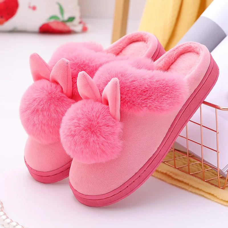 Color: Peacock Green, Shoe Size: 33.5 - 2023 Autumn Winter Women Men Cotton Slippers Rabbit Ear Home Indoor Home Slides Warm Shoes Women'S Cute Plus Plush Slippers