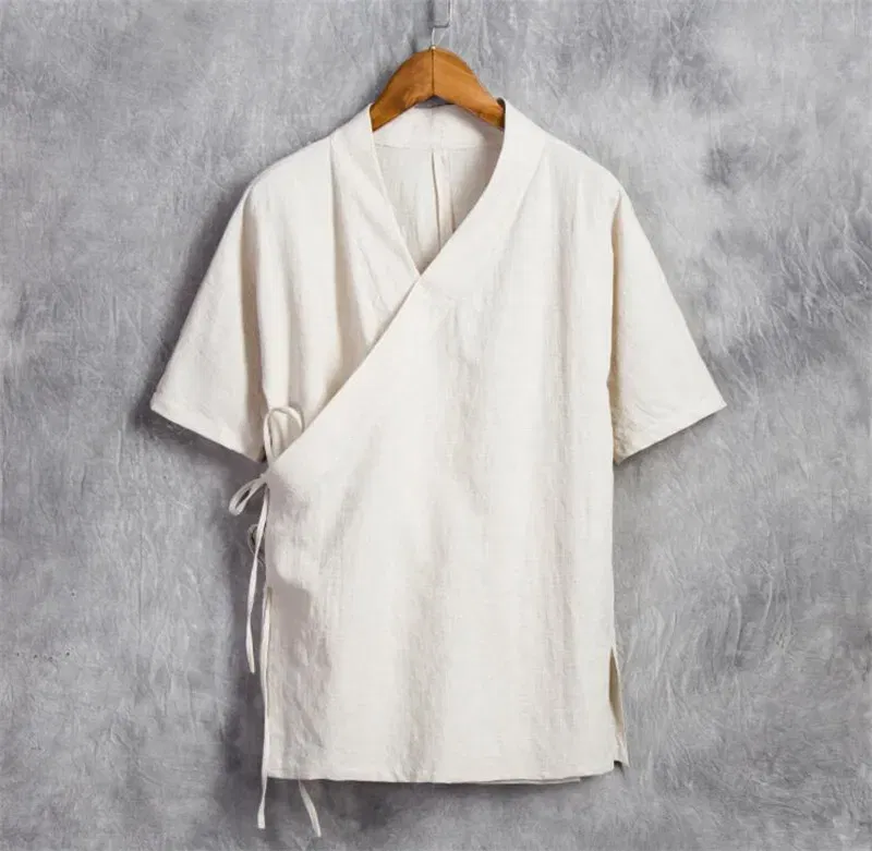 Color: Khaki, Size: 6XL - Men Cotton Linen Short sleeve Kung Fu Shirt Classic Chinese Style Tang Clothing Size M-6XL