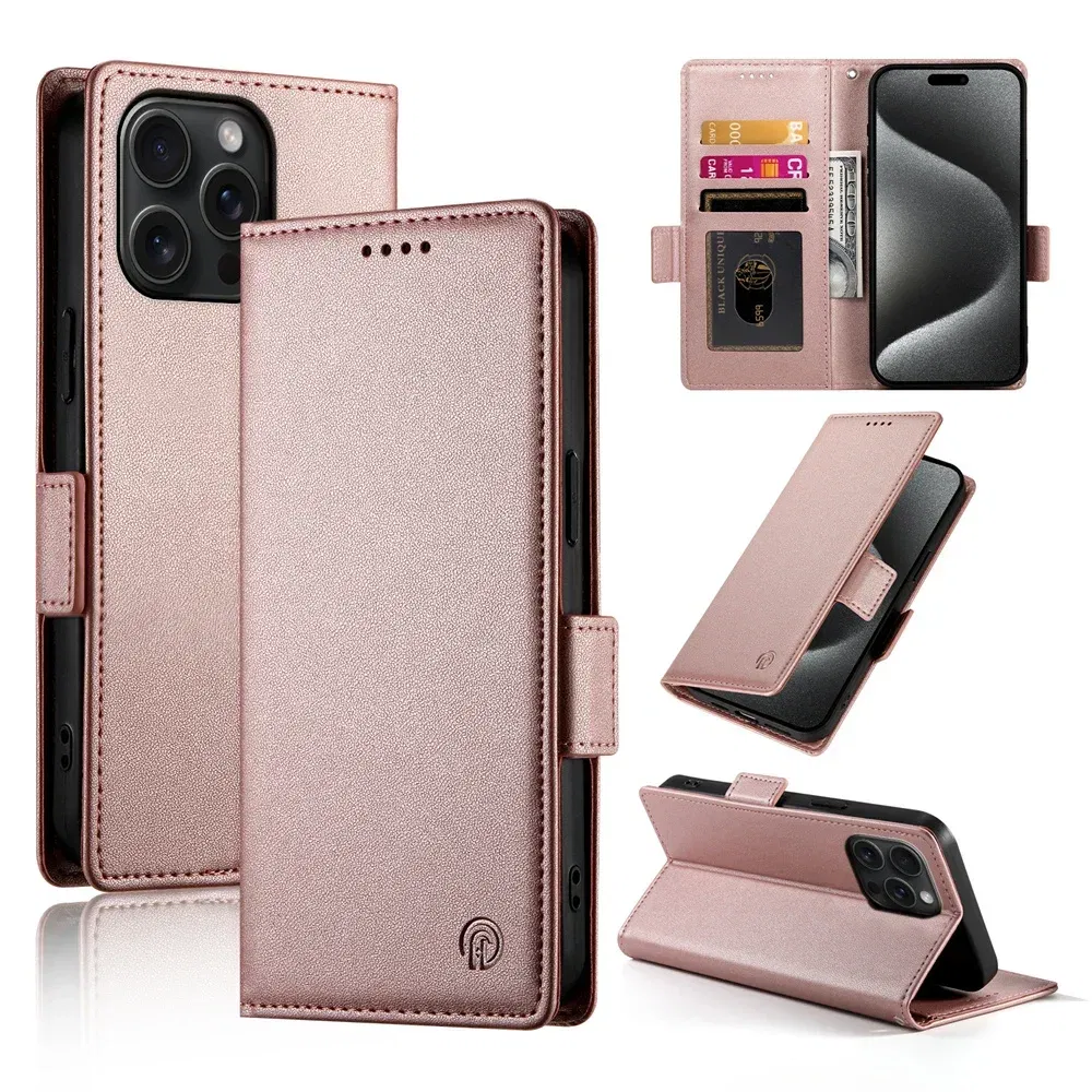 Color: Pink, Material: Plastic - PU Leather Flip Phone Case For iPhone 16 15 Pro Max 16E 14 13 1211 XS Max XR X 8 7 Plus SE KickStand Cards Solt Wallet Cover
