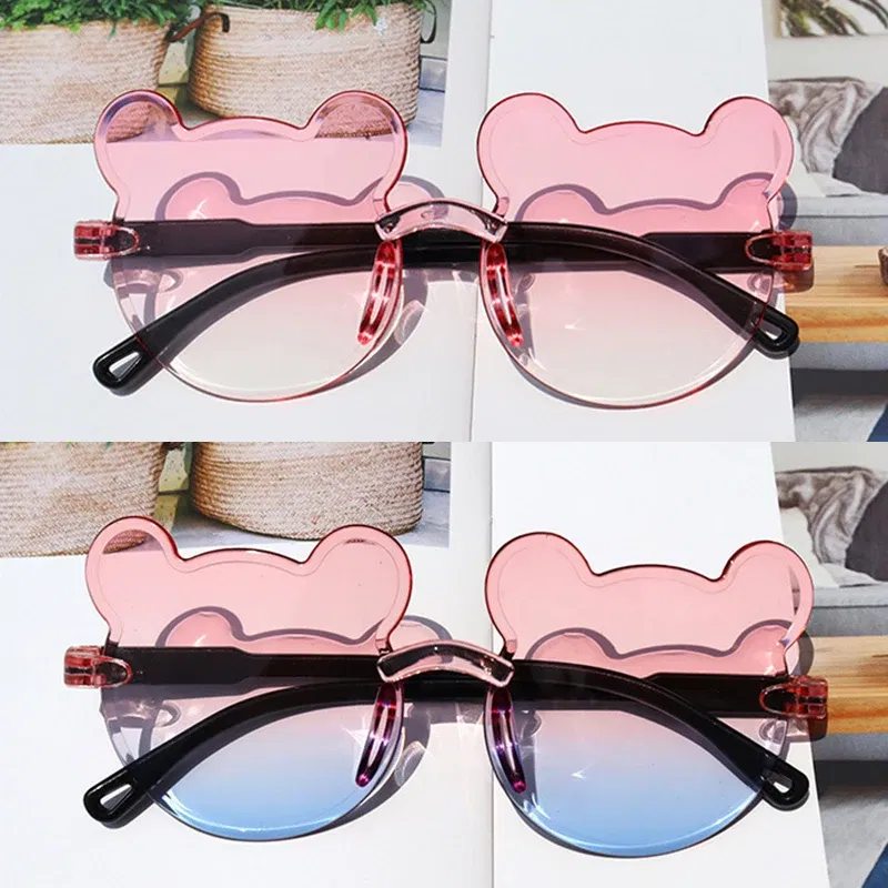 Lenses Color: Blue - Hot Sale!Children Cute Cartoon Bear Shape Sunglasses Boy Girls Summer Anti-UV UV400 Rimless Sun Glasses Kids Outdoor Sun Glasses