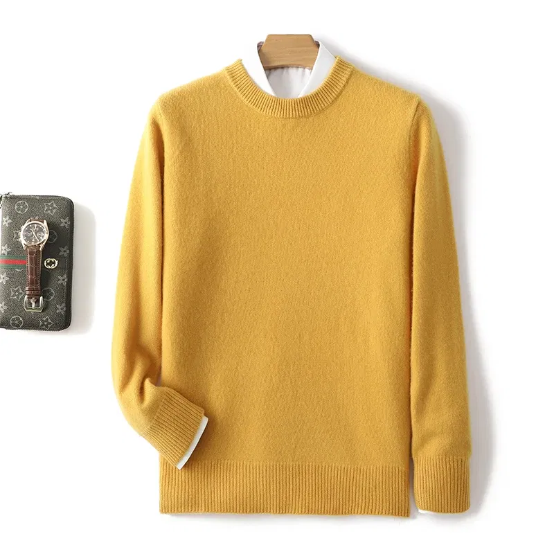 Color: Yellow, Size: L, Ships From: CHINA - Men's 100% Pure Wool Cashmere Sweater O-Neck Pullover Knit Sweater Autumn and Winter New Long Sleeve High-End Jumpers Thick Tops