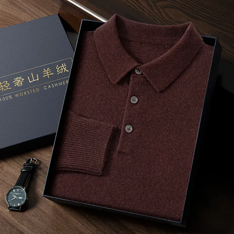 Color: Brown, Size: XL - High Quality Men's 100% Cashmere POLO Collar Pullover Soft Elastic Autumn Winter Business Casual Solid Color Knitted Sweater