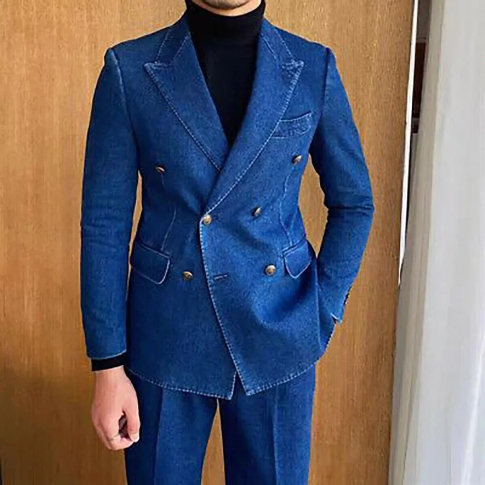 Color: black, Size: 4XL - Denim British fashion men's suit high quality casual 2 piece top pants suit