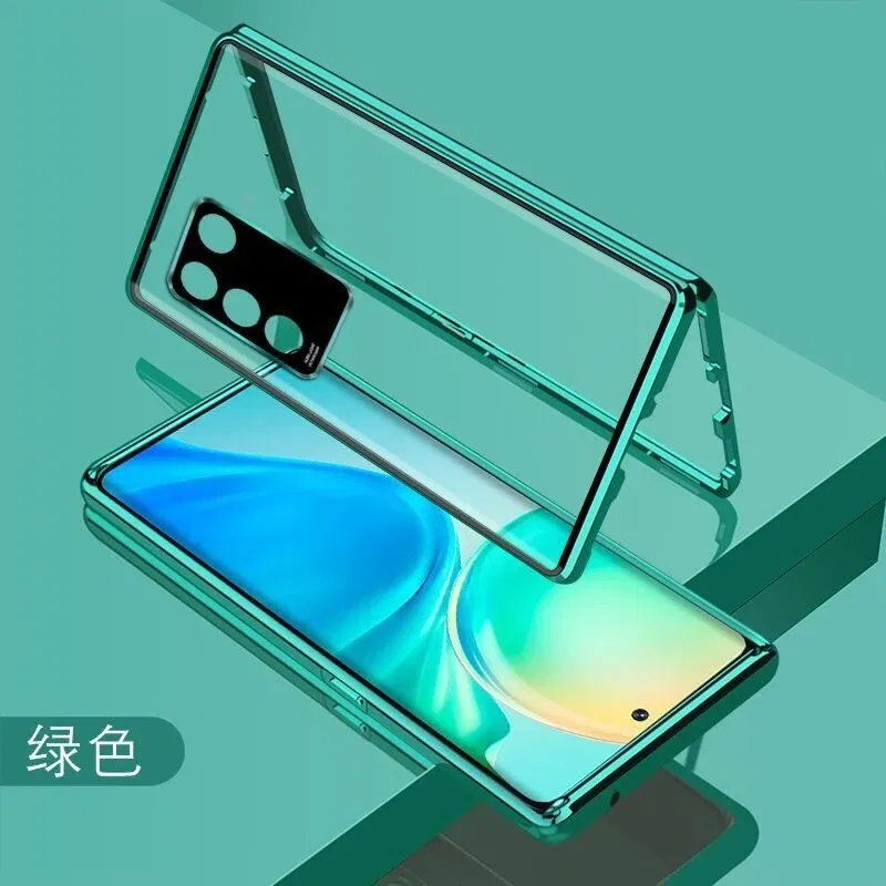 Color: green, Material: ABS - 360 Full Case For Vivo V29 5G V27 Pro V27E V25 V23 Double Sided Magnetic Adsorption Metal Capa Tempering Glass Clear Phone Cover