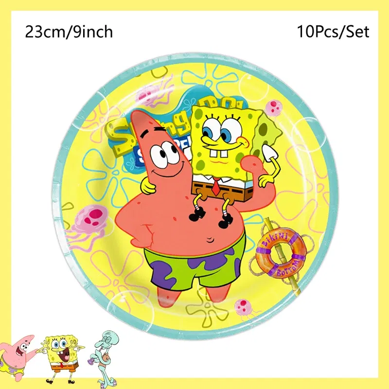 Color: green - SpongeBob Party Decorations Disposable Tableware Cup Baby Shower Birthday Theme Plate Tablecloth Kids Birthday Party