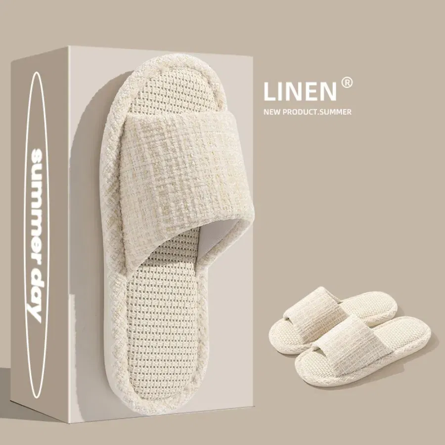 Color: Olivine, Shoe Size: 36-37 - 2024 New Women's Fashion Home Linen Couple Slippers Breathable Home Shoes Moisture Absorbing Anti slip Cotton Linen Slippers